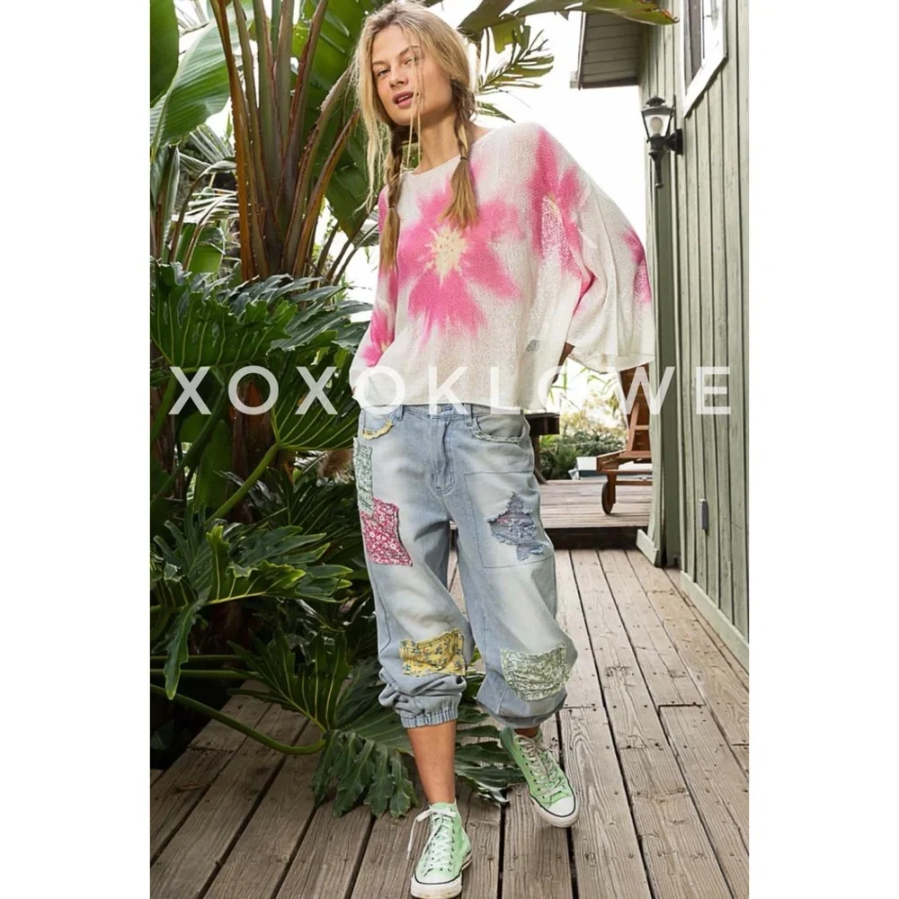 LAST ONE POL Pink Floral Print Wide Neck Lightweight Sweater Oversized - Picture 8 of 16